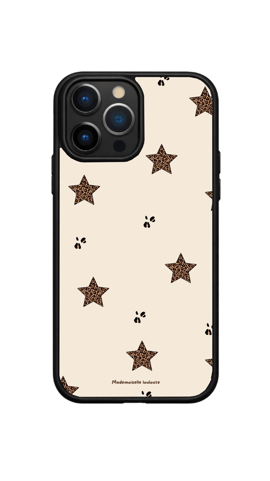 Coque de téléphone Wild Star crème avec étoiles léopard et empreintes noires