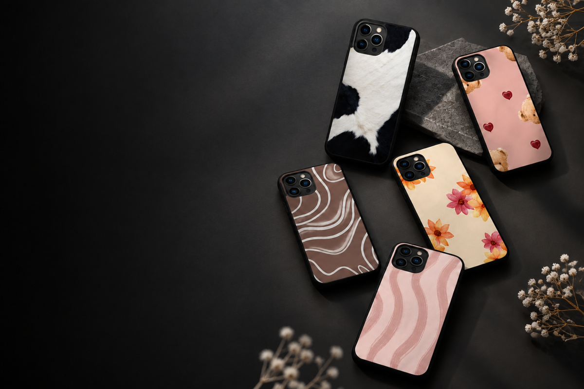 Bannière sombre avec les coques Milly, Mimi, Moka, Poppy et Rosy sur fond anthracite, espace sombre à gauche pour le texte