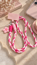 Bijoux cordon rose et blanc, pendentif fleur 