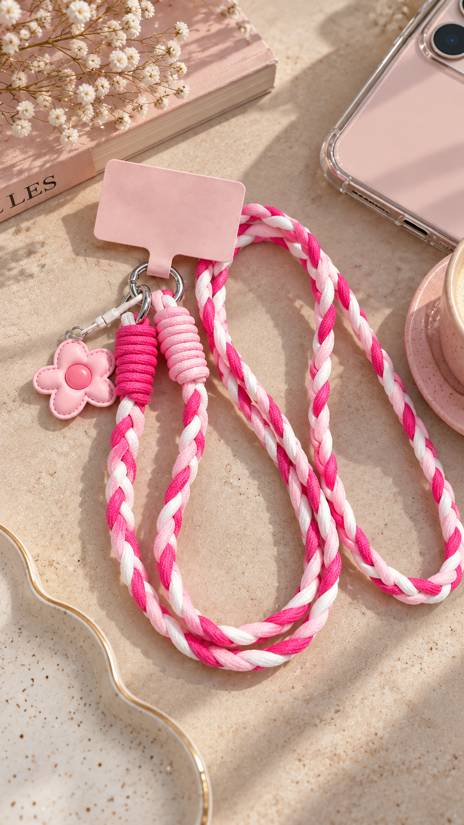 Bijoux cordon rose et blanc, pendentif fleur 